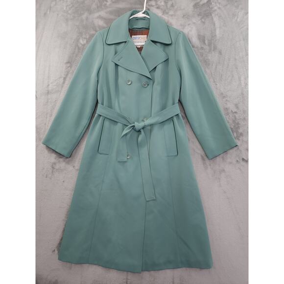 Vintage AstorOne Woven Polyester Belted Trench Coat Size 12 Green Zip Out Liner - Picture 1 of 10